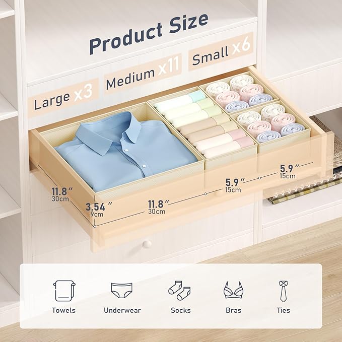 DIMJ Drawer Organizer Clothes 20 Pack - Foldable Baby Organizers and Storage & Dresser Organizer for Bedroom, Closet - Nursery Organization Dresser Dividers for underwear, Sock,Bra, Belt, Tie, Beige