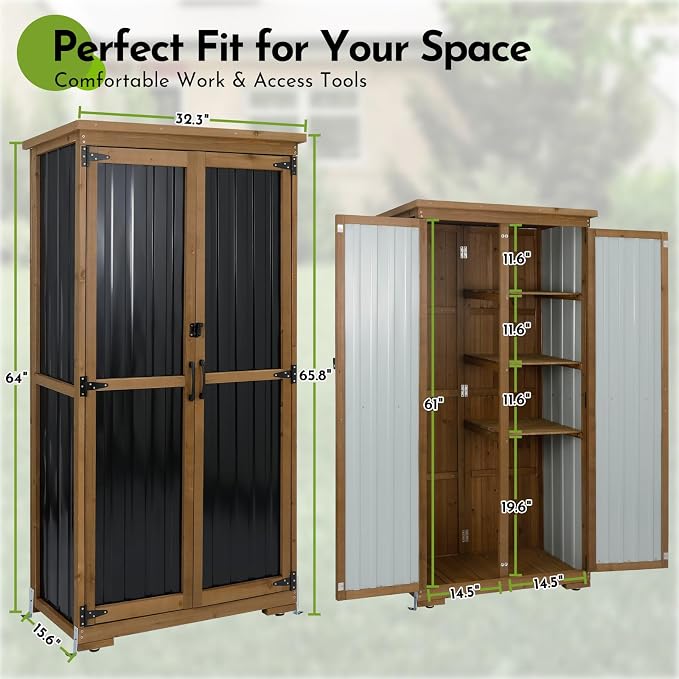 Outdoor Storage Cabinet with Shelf, Wood & Metal Storage Shed with Waterproof - Image 5