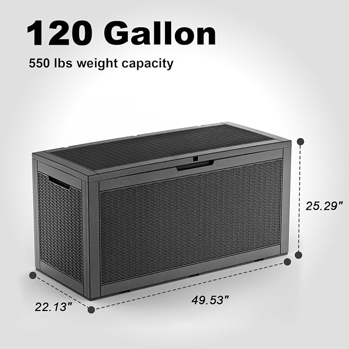 PatioZen 120 Gallon Resin Deck Box, Lockable Weatherproof Outdoor Storage Box - Image 2