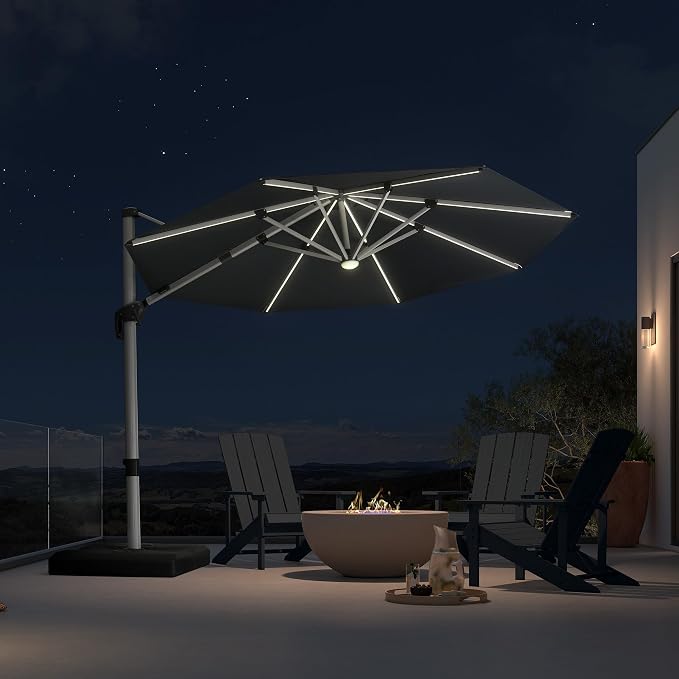 PURPLE LEAF Cantilever Patio Umbrella 10ft Round Solar LED Light, Stays bright by PURPLELEAF