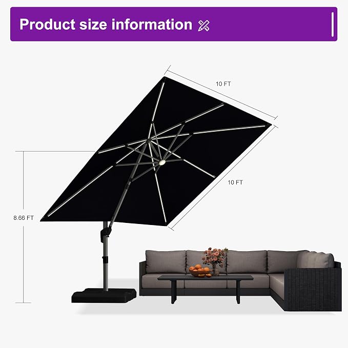 PURPLE LEAF Cantilever Umbrella 10' X 10' Solar LED Light Patio Deck, Support - Image 7