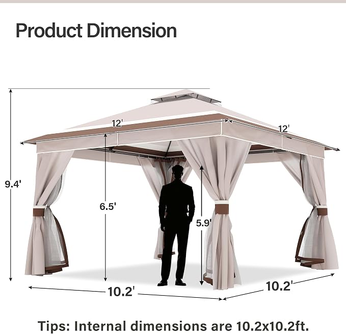 12'x12' Outdoor Gazebo, Metal Frame Heavy Duty Patio Canopy Tent Shelter - Image 2