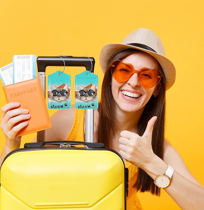 2 Pack Cute Cat Luggage Tags for Kids Girls Women Travel Funny Animal with Sunglasses Print on PU Leather Bag Tags Accessories Privacy Cover ID Label with Stainless Steel Loop for Backpack Suitcase