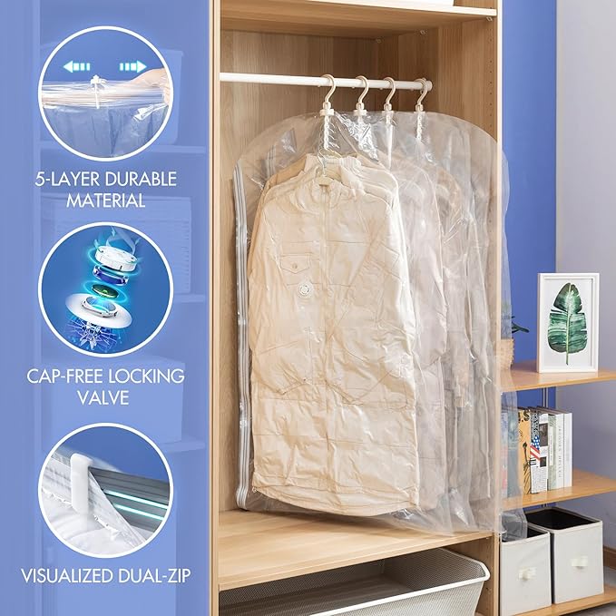 Hanging Vacuum Storage Bags, 4 Pack (53 x27.6 inch), Vacuum Seal bags for Clothing, Garment Storage for Jacket, Suits, Dresses, Closet Oragnization and Storage