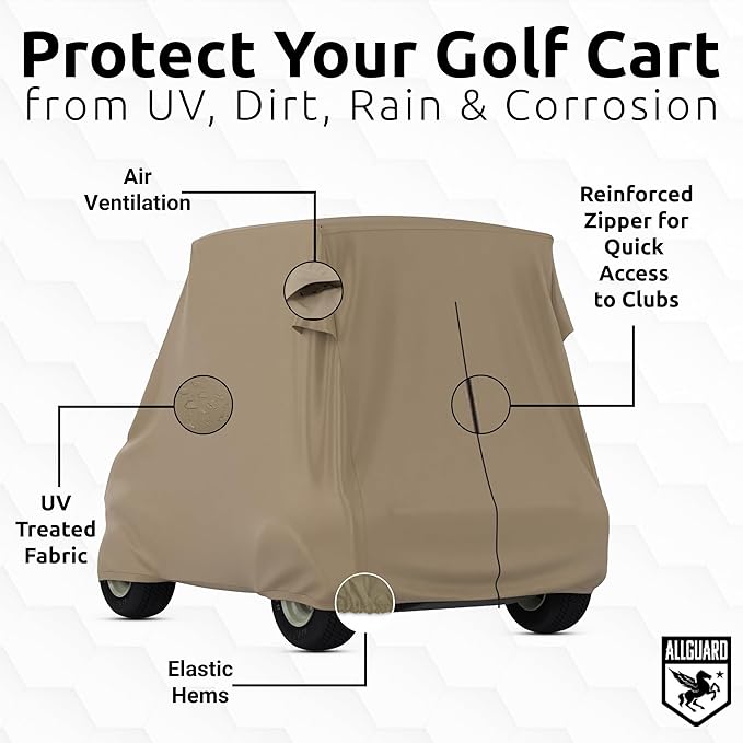 AllGuard Weatherproof Golf Cart Cover, Heavy Duty Polyester, Protects from Rain, Sun, UV & More - Tan (Fits Length: 140" - 170")