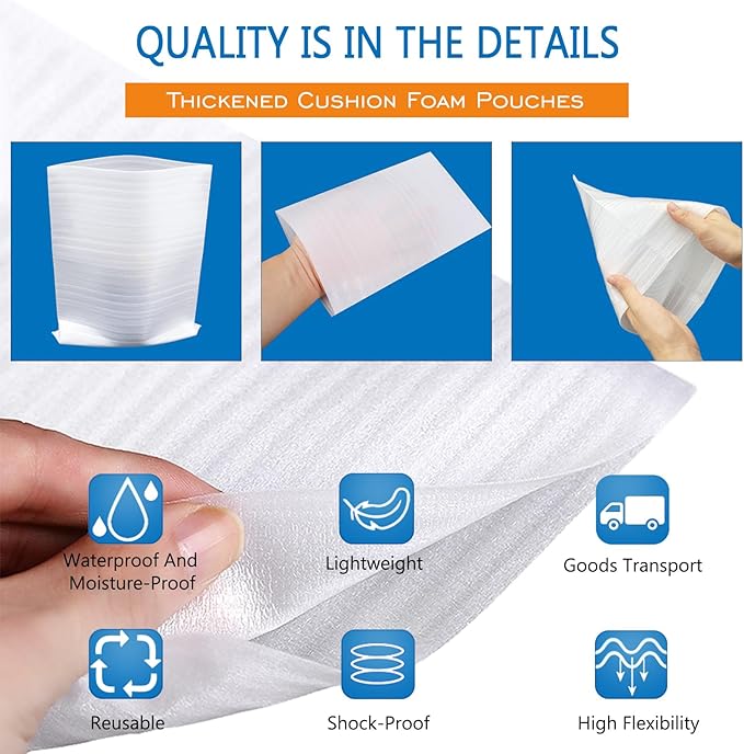 50 Pack Foam Pouches, Cushion Foam Pouch for Moving and Storing, 5"x 8" Foam Wrap Pouches Protect Fragile Items, Protect mug, Glasses, China, and Dishes, Packing supplies