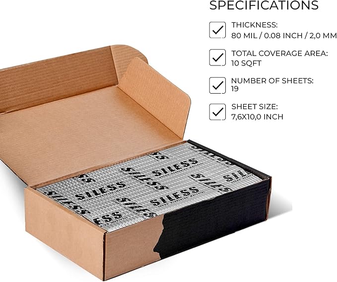 Siless 80 mil (2mm) Car Sound Deadening mat - Butyl Automotive Sound Deadener - Noise Insulation and Vibration Dampening Material 10 sqft (0.95 sqm)