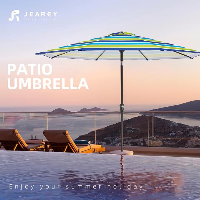 JEAREY 9FT Outdoor Patio Umbrella, Bold Blue & Green Stripe | Outdoor Table - Image 7