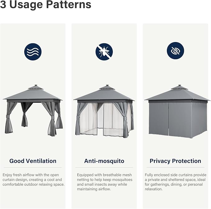 10'x10' Outdoor Gazebo with LED Lights, Metal Heavy Duty Patio Canopy Tent with - Image 5