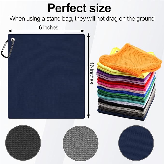 3 Pack 16" X 16" Golf Towels for Golf Bags, Premium Waffle-Pattern Golf Towel with Carabiner Clip, Super Absorbent Microfiber Towel, Golf Accessories for Men, Black-Blue-Gray Colors