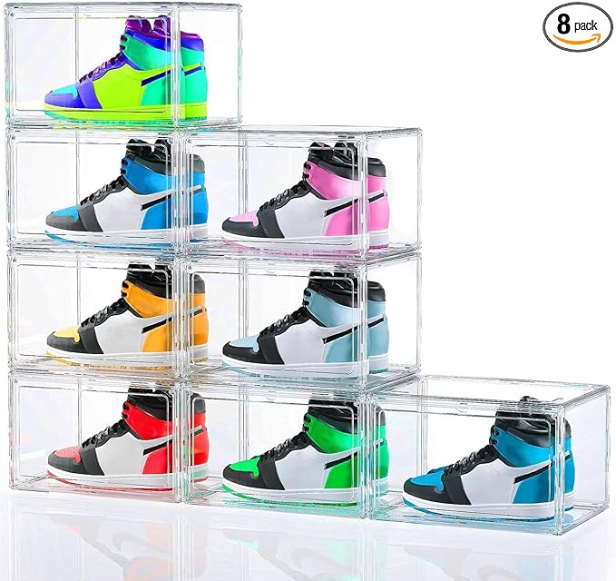 HIYOHIYO 8 Pack 360° Acrylic Clear Shoe Organizer for High-end Sports Shoes, All Clear Display Shoe Storage Box, Fully Transparent Display Case with Magnetic Door, Fit Size 14 (14.2"x10.6"x7.8")