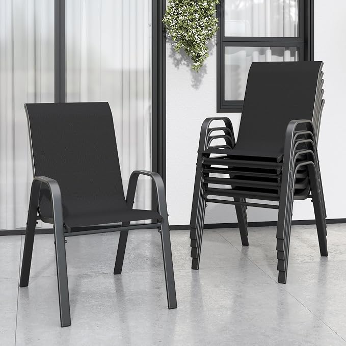 Black Patio Chairs Set of 6, Stackable Outdoor Dining Chairs by Vimstora