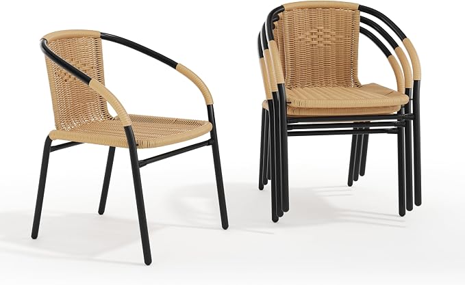 EMMA + OLIVER Beige PE Rattan Stackable Patio Dining Chair, Indoor/Outdoor Use - Image 3
