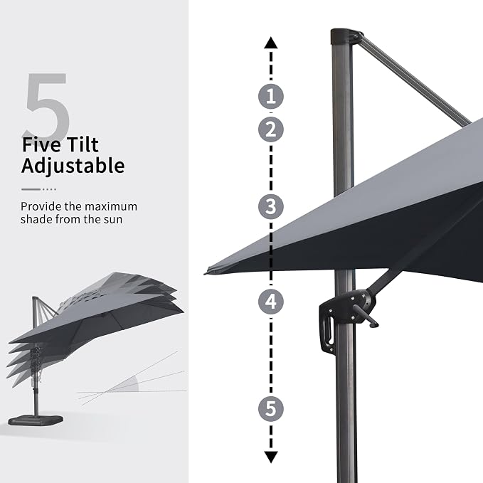 PURPLE LEAF Patio Umbrella 9' x 11.5' Rectangle 360° Rotation Light Grey | More - Image 4