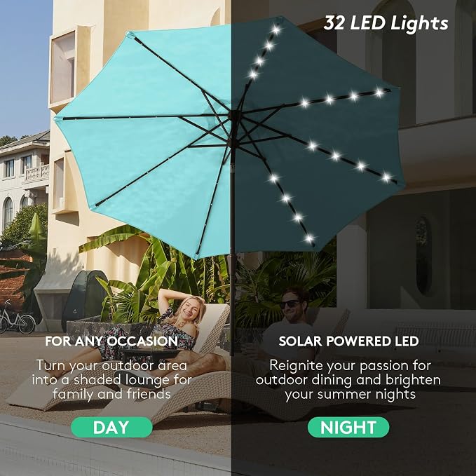 JEAREY 9' Patio Umbrella with Solar Lights, LED Umbrella, Teal | Outdoor Table - Image 4