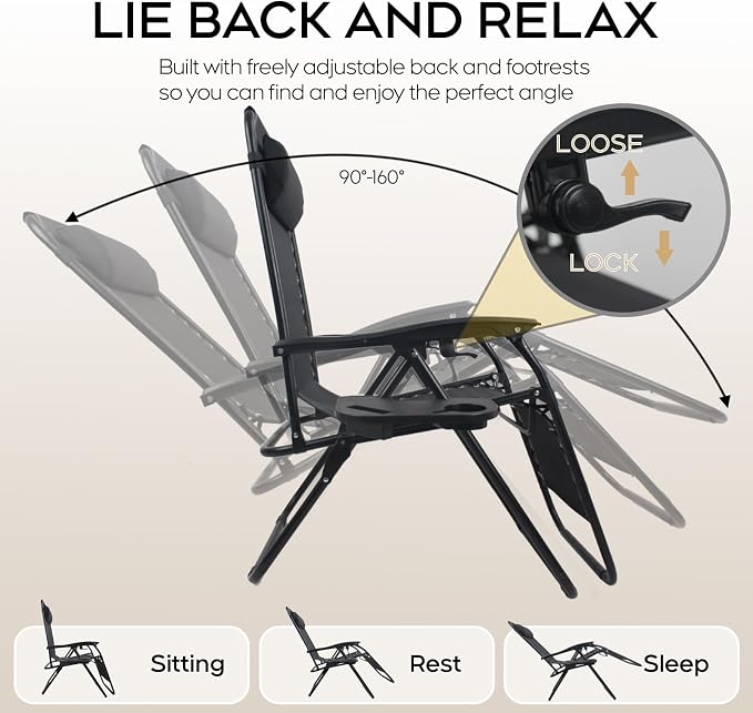 Set of 2 Adjustable Zero Gravity Lounge Chairs Outdoor Recliner w/Cup Holder - Image 7