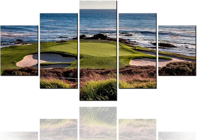 Pebble Beach Pictures for Living Room Golf Course Paintings Golfing Sports Wall Art 5 Pieces Prints on Canvas Seascape Artwork Country Home Decorations Framed Giclee Ready to Hang Gift(60''W x 32''H)