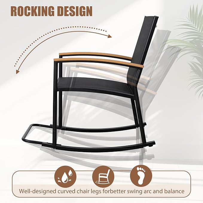 Shintenchi 3 Piece Outdoor Rocking Bistro Set, Textilene Fabric Small Patio - Image 4