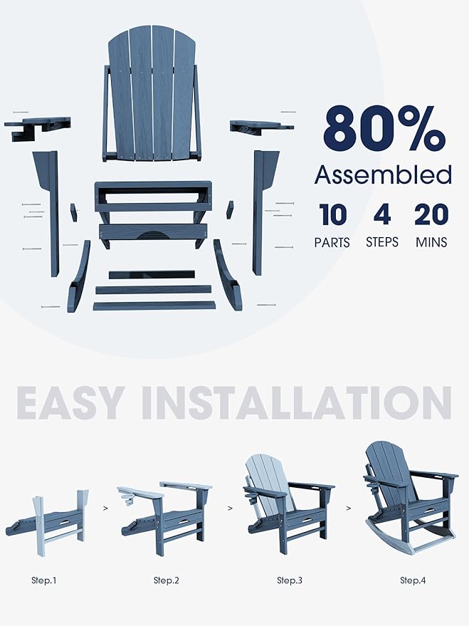 Adirondack Rocking Chair with Ottoman and Cup Holders | HDPE Porch Rocker - Image 6