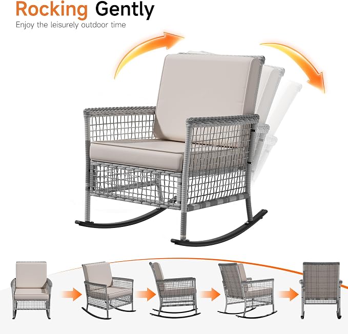 DECMICO 3 Piece Outdoor Rocking Chair Set, Wicker Bistro Furniture | Washable - Image 3