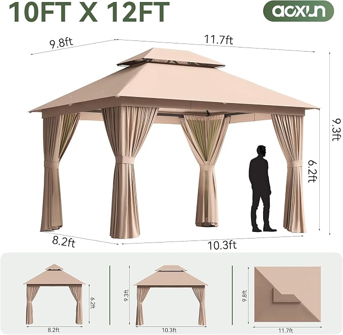 Aoxun 10x12FT Metal Frame Outdoor Gazebo, Khaki | UPF50+ Protection 50×50mm - Image 6