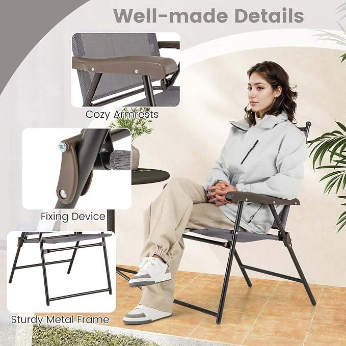 GIANTEX Set of 2 Patio Folding Chairs, Outdoor Patio Dining Chairs w/Armrest - Image 6