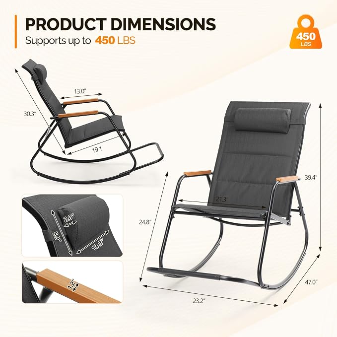 VINGLI Outdoor Rocking Chair, Textilene Mesh Patio Rocker, Outdoor Rocker - Image 3