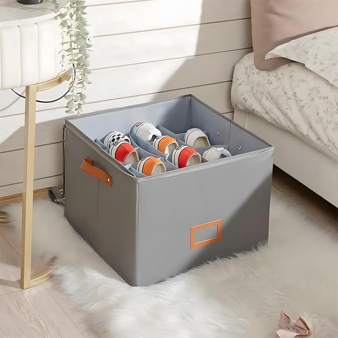 Atlodas Fabric Shoe Organizer Storage Box, 2 Pack Foldable Shoe Storage Organizer Box Bin with Adjustable Dividers and Clear Cover, Fits up to 8-16 Pairs (White)