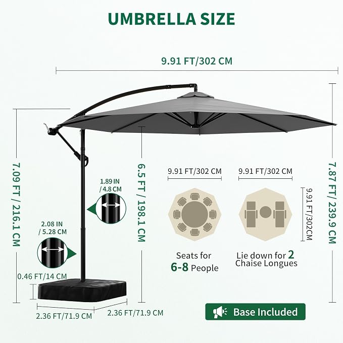 10FT Patio Umbrella with Base, Outdoor Umbrella Pool Umbrella Cantilever - Image 3