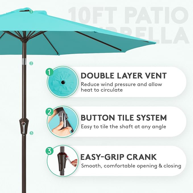 JEAREY 10 ft Outdoor Patio Umbrella w/Tilt and Crank, Turquoise | 8 Sturdy Ribs - Image 2