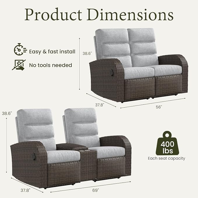 Oversized 2 Pieces Wicker Outdoor Recliner Loveseat - Image 2