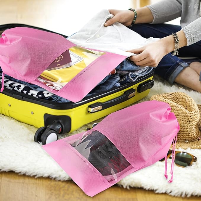 20 Pack Shoe Bags for Travel, Large Travel Shoe Bags for Packing with Clear Window, Dustproof Drawstring Travel Shoe Storage Bags Travel Essentials for Men & Women, Pink