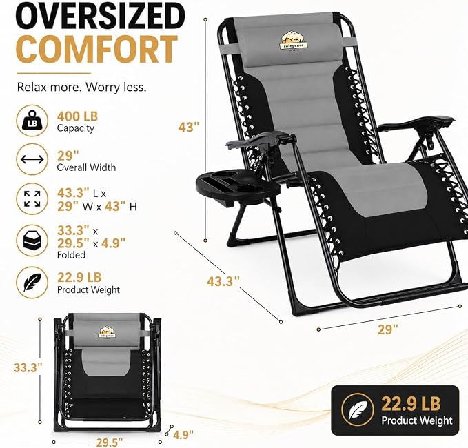 Colegence Oversized Padded Zero Gravity Chair, 400 lb, 0-170° locking recline - Image 3