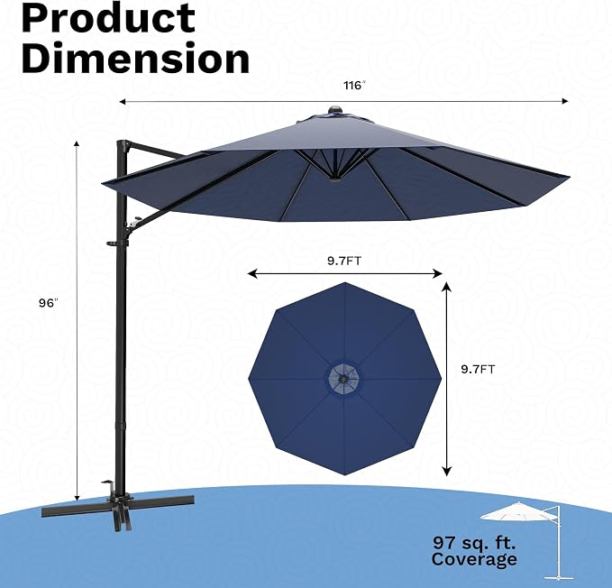 Devoko 10ft Cantilever Patio Umbrella, Round Large Outdoor Umbrella - Image 2