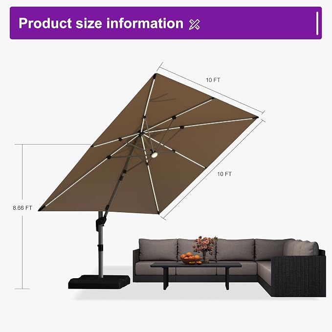 PURPLE LEAF Cantilever Umbrella 10' X 10' Solar LED Light Patio Deck, Support - Image 7