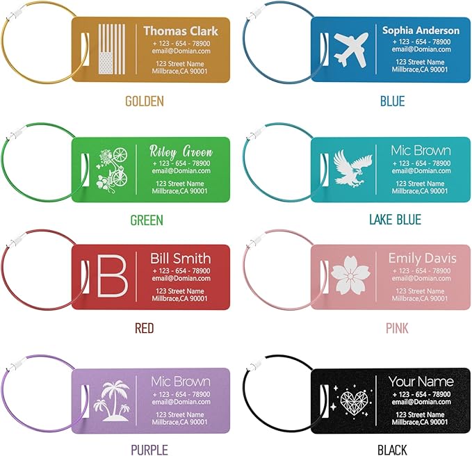 10 Personalized Metal Luggage Tags, Custom Suitcase Aluminum Name Tags with Steel Ring, Laser Engraved Name and Logo, for Travel, Backpack, Baggage, Golf Bag (Blue)
