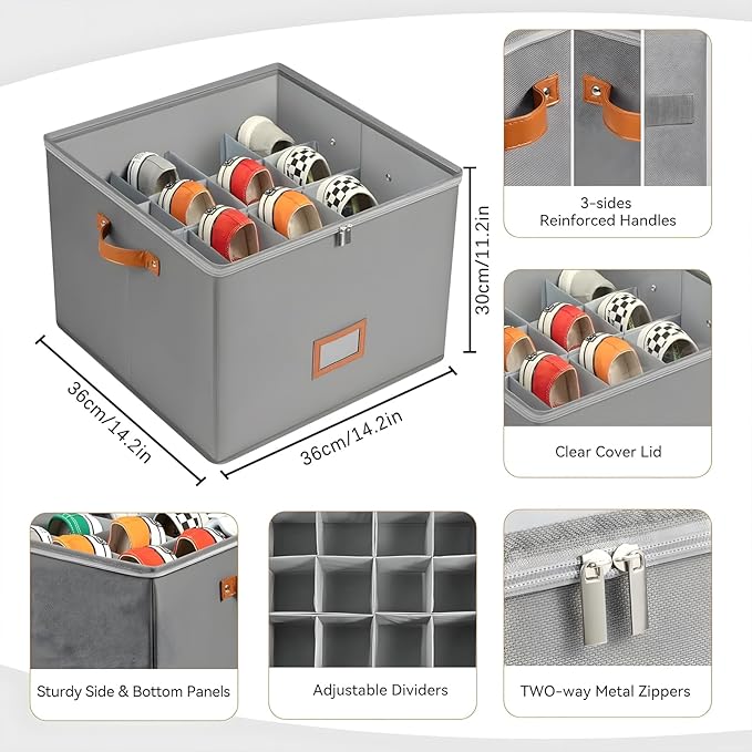 Atlodas Fabric Shoe Organizer Storage Box, 2 Pack Foldable Shoe Storage Organizer Box Bin with Adjustable Dividers and Clear Cover, Fits up to 8-16 Pairs (Gray)