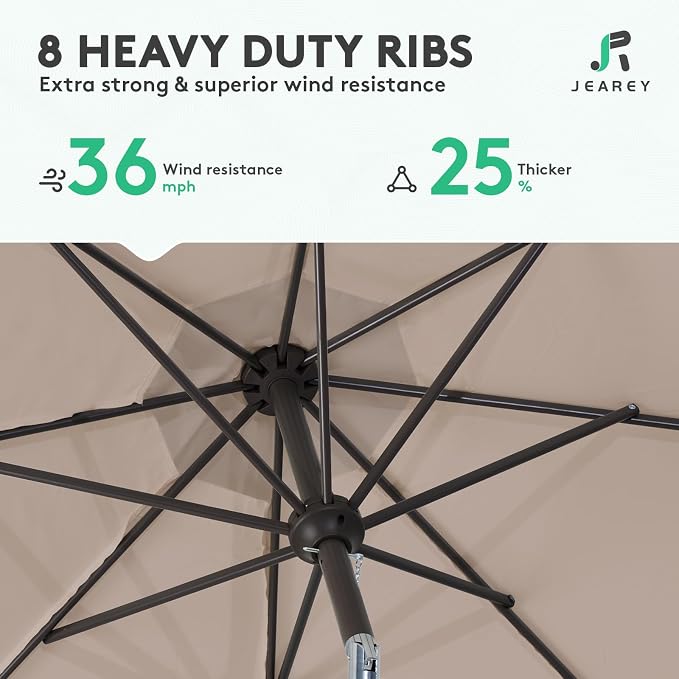 JEAREY 10 ft Outdoor Patio Umbrella w/Tilt and Crank, Tan | 8 Sturdy Ribs - Image 5