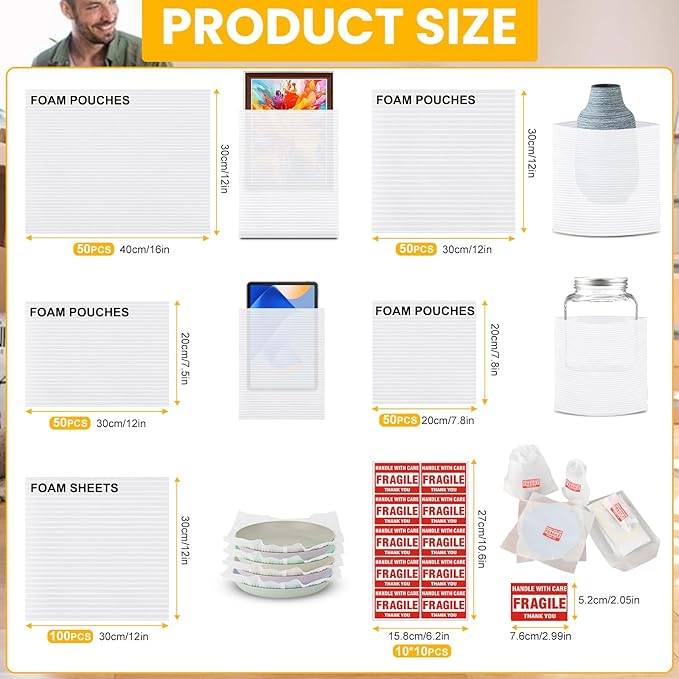 400PCS Moving Packaging Supplies,300 Cushioning Foam Pouches and Sheets,4 Sizes(16"x12",12"x12",12"x7.8",7.8"x7.8") with 100 Fragile Stickers,Packaging Foam Pouches for Protect Dishes Glasses Storage