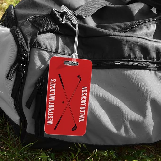 ChalkTalkSPORTS Golf Luggage & Bag Tag | Personalized Crossed Golf Clubs | Standard Lines on Back | Large | Red/Black
