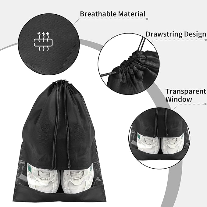 20 Pack Shoe Bags for Travel, Large Travel Shoe Bags for Packing with Clear Window, Dustproof Drawstring Travel Shoe Storage Bags Travel Essentials for Men & Women, Black (20, Black)