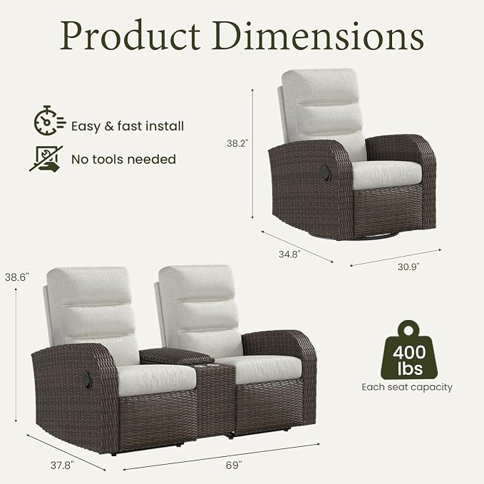 Oversized 3 Pieces Wicker Outdoor Recliner Loveseat - Image 2