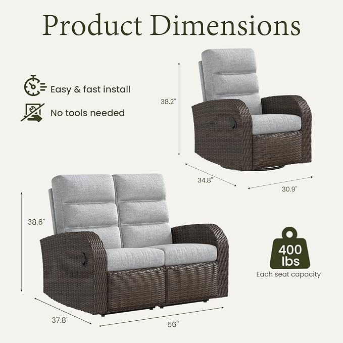 Oversized 3 Pieces Wicker Outdoor Recliner Loveseat - Image 2