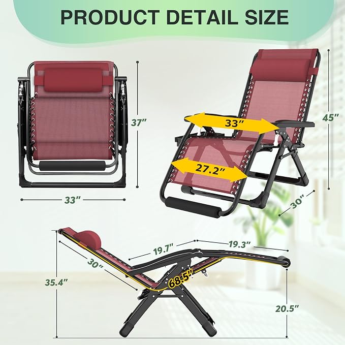 Suteck Oversized Zero Gravity Chair, 500LBS 33In XXL Outdoor Recliner Chairs | - Image 2