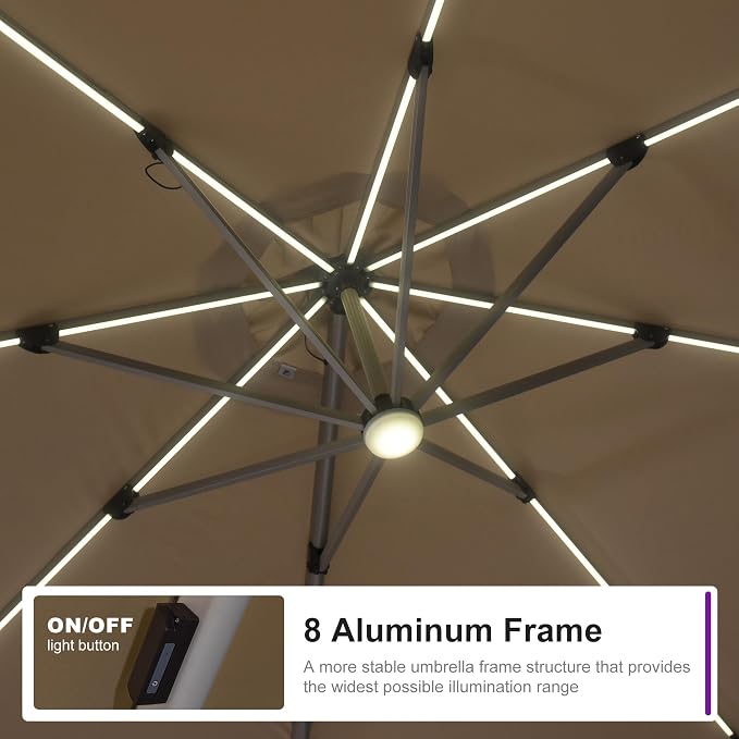 PURPLE LEAF Cantilever Patio Umbrella 11ft Round Solar LED Light, Support to - Image 2