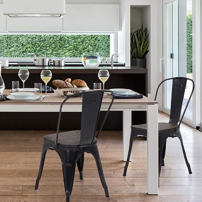 FDW | Metal Dining Chairs with Wooden Seat | Set of 4 | Black | Stackable Tolix - Image 2