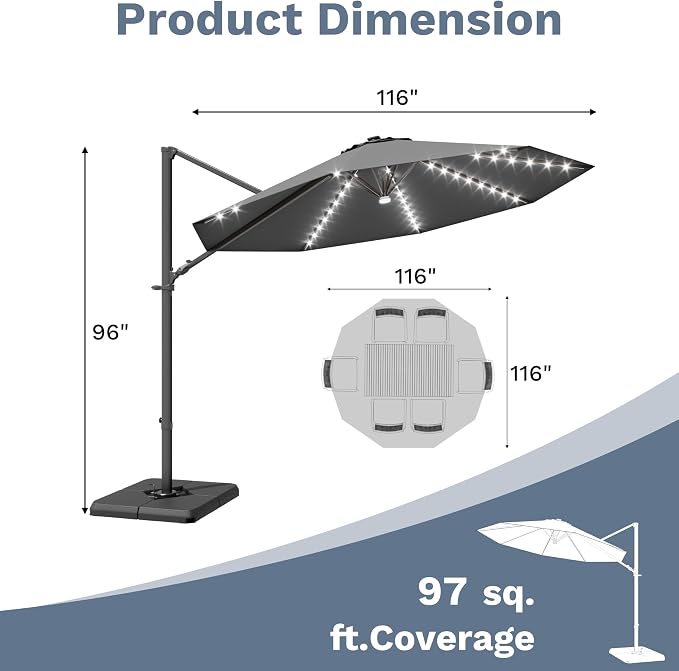 Devoko 10ft Solar LED Patio Umbrella, Round Cantilever Outdoor Umbrella - Image 3