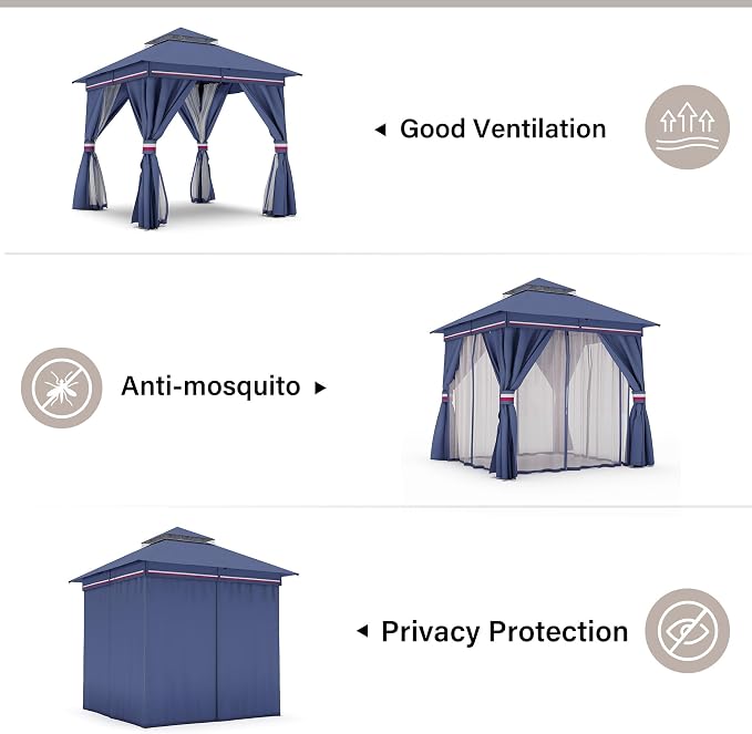 8'x8' Outdoor Gazebo with 50FT String Lights, Metal Heavy Duty Patio Canopy - Image 3