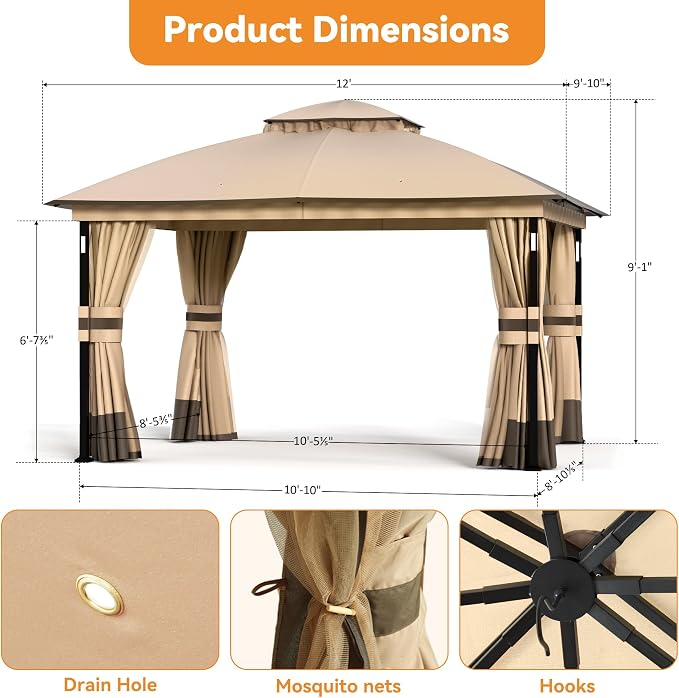 Patio Gazebo 10'x12' with LED Lights & Bluetooth Speaker, Heavy Duty Outdoor - Image 3