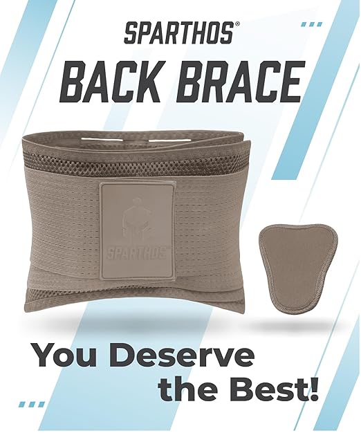 Sparthos Back Brace for Lower Back Pain - Immediate Relief from Sciatica, Herniated Disc - Lumbar Support Pad - For Home & Lifting At Work - For Men & Women - Fits 44–52″ Waist (Beige-L, Check Sizing)
